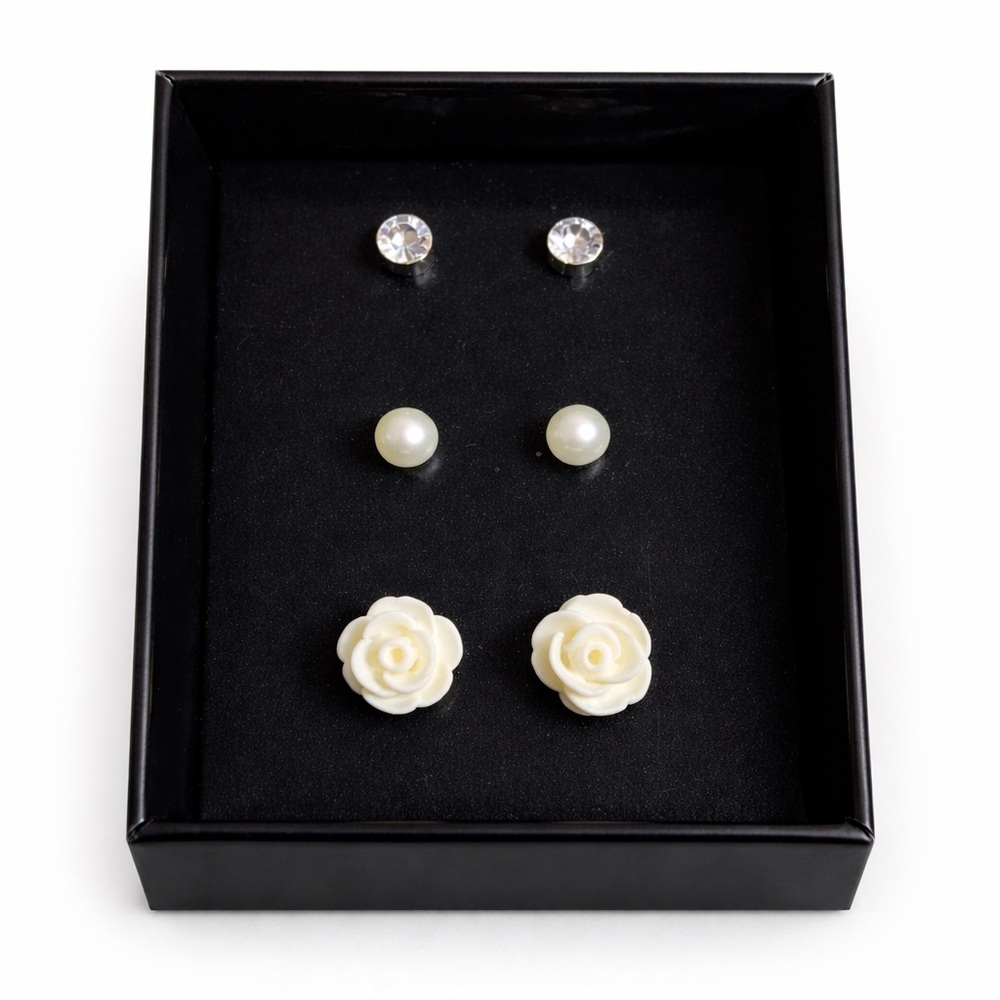 3-Pair Pearl & Crystal Stud Earrings Set | Rose Flower | Classic Elegant